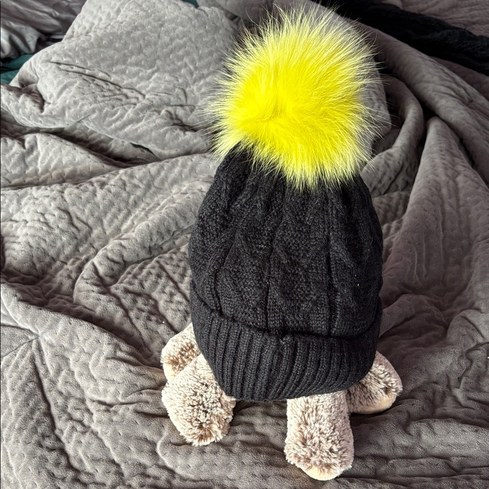 Black Knit Hat with Yellow Pom Pom for Kids